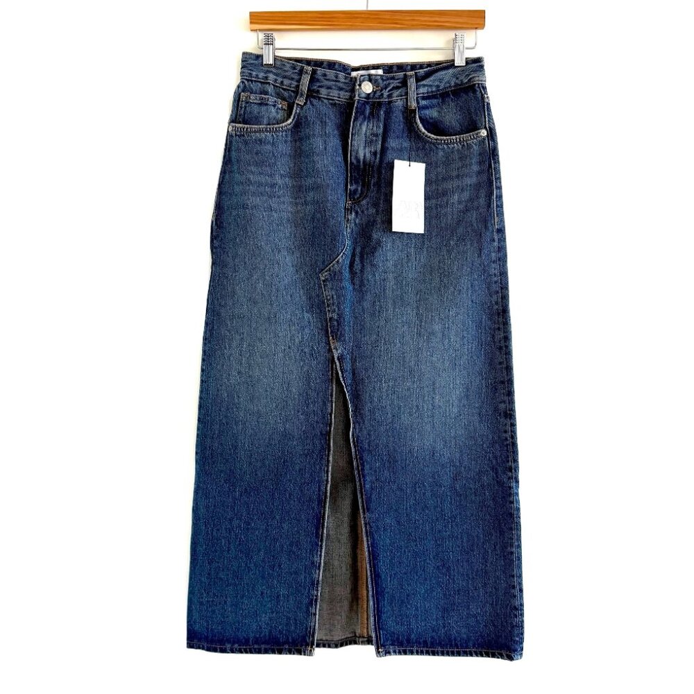New Zara Long Blue Denim Maxi Skirt Front Slit Skirt Size Small - Picture 3 of 9